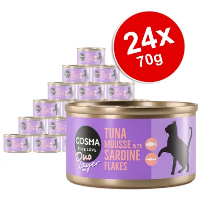 COSMA Pure Love Duo Layer Tuna Mousse with Sardine Flakes, 24 x 70g tins shown. Purple label with cat silhouette and fish icons visible.