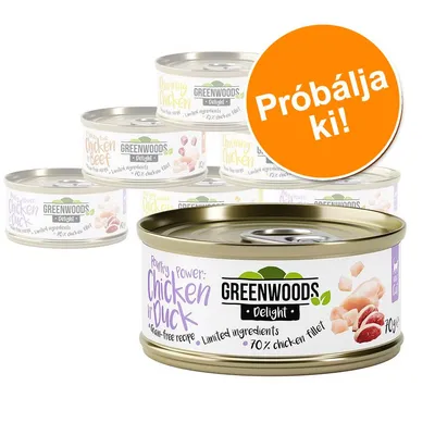 Greenwoods Delight konzerv csirke és kacsa, 70 g. Felirat a narancssárga körben: Próbálja ki! Látható még: Charming Chicken, Chicken & Beef változatok.