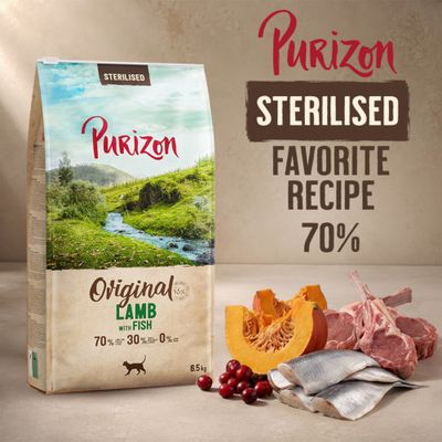 Purizon Sterilised Original Agnello con Pesce, Ricetta Preferita 70%, immagine con carne di agnello, pesce, zucca e mirtilli rossi, sacco da 6,5 kg.