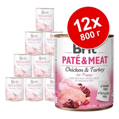 Brit PATÉ & MEAT Chicken & Turkey for Puppy, 12×800 г консерви. Видими надписи: Grain free, Soy & GMO free. Изображение на пилешко и пуешко месо.