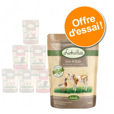Lukullus Ente & Kalb Adult 300 g, offre d’essai, visible sur l’emballage : canard et veau avec patate douce, pomme et huile de lin. Texte en anglais : Duck & Veal with sweet potato, apple and linseed oil. Lukullus Ente & Kalb Adult 300 g, offre d’essai, visible sur l’emballage : canard et veau avec patate douce, pomme et huile de lin. Texte en anglais : Duck & Veal with sweet potato, apple and linseed oil.