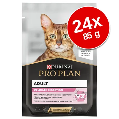 Purina Pro Plan Adult Delicate Digestion macskaeledel, 24×85 g, szószban. Csomagoláson macskakép és emésztést támogató ikon látható.