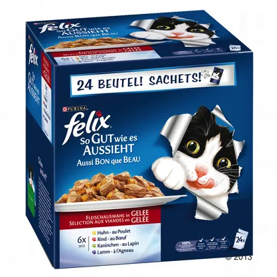 Felix So Gut wie es aussieht kattenvoer, 24 zakjes. Vleesmengeling in gelei: 6x kip, 6x rund, 6x konijn, 6x lam. Tekst deels in Duits en Frans zichtbaar op verpakking.