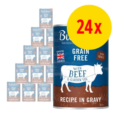 Lot de 24 boîtes Butcher’s Grain Free with Beef & Garden Veg Recipe in Gravy, texte visible : supporting farmers, with gravy, recette en sauce, sans céréales.