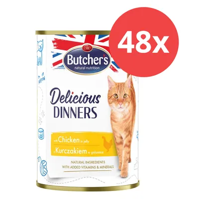 Butcher's Delicious Dinners, 48x boîte avec poulet en gelée. Ingrédients naturels avec vitamines et minéraux ajoutés.