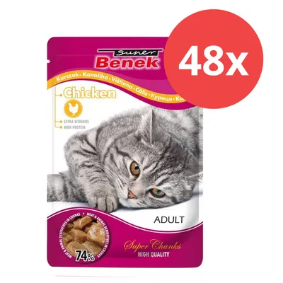 Super Benek Adult nourriture pour chats au poulet, 74 % de viande, vitamines supplémentaires, haute qualité de protéines. Paquet de 48 pièces. Super Benek Adult nourriture pour chats au poulet, 74 % de viande, vitamines supplémentaires, haute qualité de protéines. Paquet de 48 pièces.
