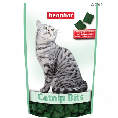 beaphar Catnip Bits, sachet avec photo de chat gris, texte allemand : Knuspriger Snack mit Katzenminze ohne Zuckerzusatz. Friandises vertes visibles en bas du paquet.