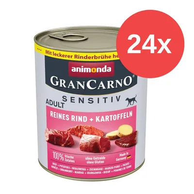 Animonda GranCarno Sensitiv Adult, czysta wołowina + ziemniaki, 100% świeżych składników, bez zbóż i glutenu, wyprodukowano w Niemczech. Opakowanie 24 puszek.