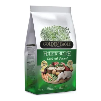 Golden Eagle Holistic Health Duck with Oatmeal. Contiene DHA, EPA, ingredienti naturali e alimentazione equilibrata. Immagine di verdure, fiocchi d’avena e carne d’anatra.
