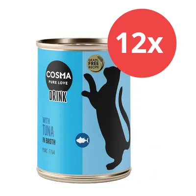 Cosma Pure Love Drink, grain-free Rezept, mit Thunfisch in Brühe. Packung enthält 12 Dosen.