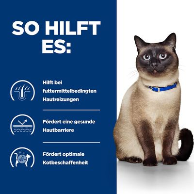 So hilft es: Hilft bei futtermittelbedingten Hautreizungen, fördert eine gesunde Hautbarriere, fördert optimale Kotbeschaffenheit. Siamkatze mit blauem Halsband rechts im Bild.