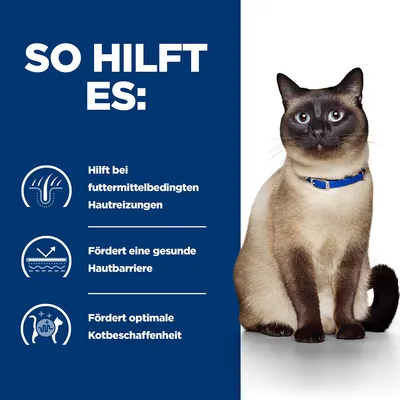 So hilft es: Hilft bei futtermittelbedingten Hautreizungen, fördert eine gesunde Hautbarriere, fördert optimale Kotbeschaffenheit. Siamkatze mit blauem Halsband rechts im Bild.