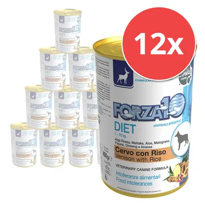 Forza10 Diet Hypoallergenic Cervo con Riso, 12x400g Dosen. Für Futterunverträglichkeiten, mit Alga Rossa, Maitake, Aloe, Melograno, Papaya, Ginseng und Ananas.