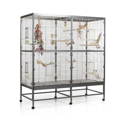 Grande volière en métal sur roulettes avec perchoirs, échelles, jouets suspendus multicolores et plateformes visibles à l’intérieur. Structure grillagée, fond amovible.
