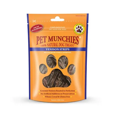Venison strips, low fat, high protein, no artificial additives or preservatives, wheat, cereal and gluten free. Gourmet venison roasted to perfection. 100% natural ingredients.