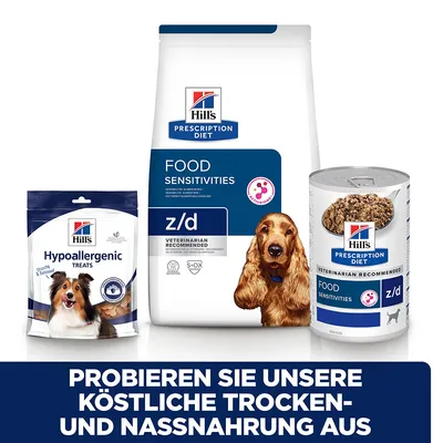 Hill's Prescription Diet z/d suha in mokra hrana za občutljivost na hrano, hipoalergeni priboljški.