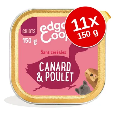 Edgard & Cooper chiots, 11x150 g, canard & poulet, sans céréales. Texte visible : 150 g, CHIOTS, Sans céréales, CANARD & POULET.