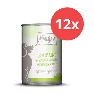 MjAMjAM deliciosa ternera con patatas cocidas y guisantes crujientes, sin cereales, alto contenido en carne, 12x lata.