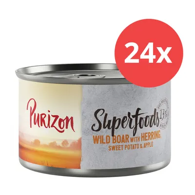 Purizon Superfoods, cinghiale con aringa, patata dolce e mela. 24x lattine. 17% di proteine secondo la confezione.