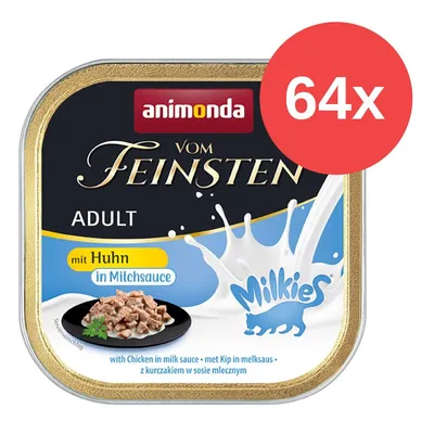 Animonda Vom Feinsten Adult z kurczakiem w sosie mlecznym, 64 porcje. Zdjęcie produktu z rozpryskiem mleka i podaną karmą. Animonda Vom Feinsten Adult z kurczakiem w sosie mlecznym, 64 porcje. Zdjęcie produktu z rozpryskiem mleka i podaną karmą.