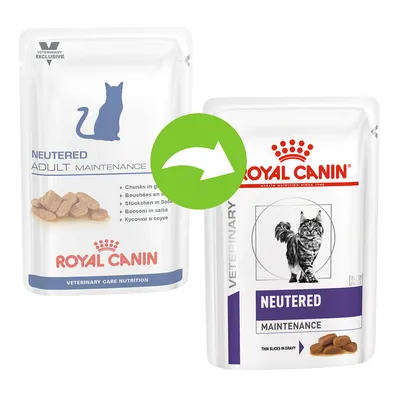 Twee verpakkingen Royal Canin Neutered Maintenance kattenvoer, links met blauwe kat en rechts met foto van kat. Groene pijl geeft overgang naar nieuw design aan.