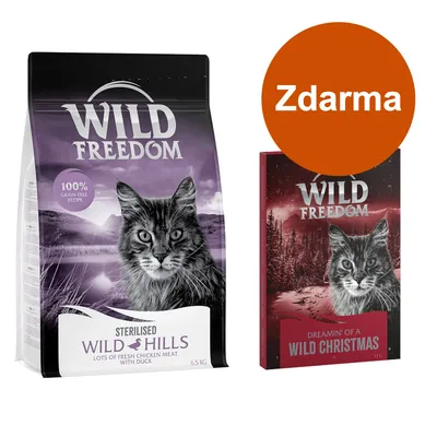 Wild Freedom Sterilised Wild Hills 6,5 kg a Dreamin' of a Wild Christmas 18 g zdarma. 100% grain-free recipe. Obaly s obrázkem kočky.