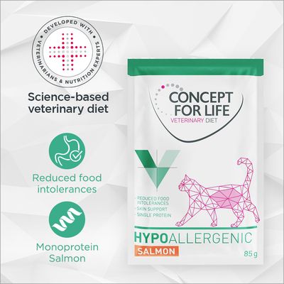 Concept for Life Veterinary Diet Hypoallergenic Salmon 85 g, alimento per gatti. Testo visibile: ridotta intolleranza alimentare, supporto pelle, monoproteina salmone.