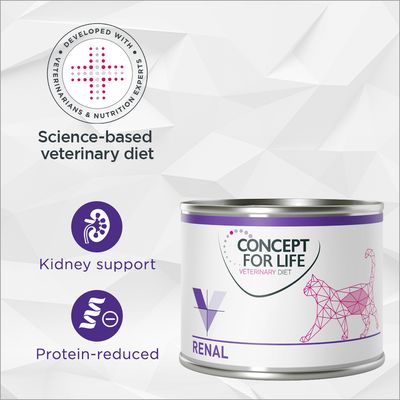 CONCEPT FOR LIFE VETERINARY DIET RENAL, supporto renale, ridotto contenuto proteico. Science-based veterinary diet. Developed with veterinarians & nutrition experts. Kidney support. Protein-reduced.