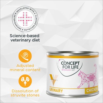 Scatoletta Concept for Life Veterinary Diet Urinary Chicken per gatti. Testo visibile: Developed with veterinarians & nutrition experts, Science-based veterinary diet, Adjusted mineral content, Dissolution of struvite stones.