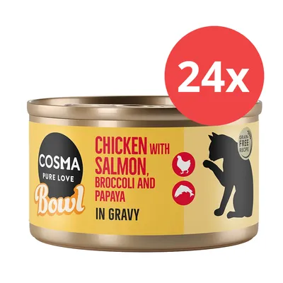 Cosma Bowl Pure Love. Pollo con salmón, brócoli y papaya en salsa. Receta sin cereales. 24x lata para gatos. Cosma Bowl Pure Love. Pollo con salmón, brócoli y papaya en salsa. Receta sin cereales. 24x lata para gatos.