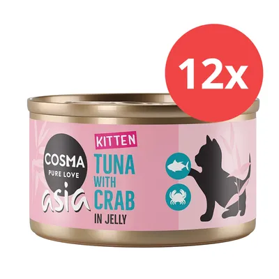 Cosma Asia Kitten atún con cangrejo en gelatina, 12x latas. Envase rosa con silueta de un gato y símbolos de pez y cangrejo.
