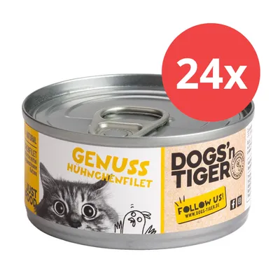 Dogs'n Tiger Genuss filete de pollo, 24 latas. Para gatos, ingredientes naturales. Sitio web: www.dogs-tiger.de.