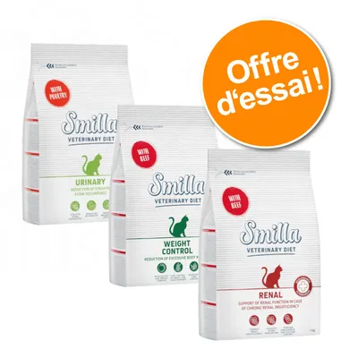 Trois sacs Smilla Veterinary Diet : Urinary with poultry, Weight Control with beef, Renal with beef. Cercle orange avec texte : Offre d’essai !
