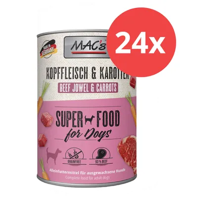 MAC's Super Food for Dogs, cabeza de carne y zanahorias, hecho en Alemania, alimento completo para perros, 93% carne de vacuno, sin cereales. Paquete de 24 latas. MAC's Super Food for Dogs, cabeza de carne y zanahorias, hecho en Alemania, alimento completo para perros, 93% carne de vacuno, sin cereales. Paquete de 24 latas.