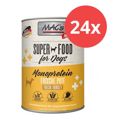 MAC's Super Food for Dogs, Monoprotein Frische Pute, Alleinfuttermittel für ausgewachsene Hunde, Made in Germany, 24x Dosen, getreidefrei, allergikerfreundlich, 93% Truthahn.