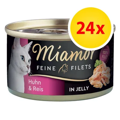 Miamor Feine Filets Huhn & Reis in Jelly, 100% Filet, confezione da 24x. Immagine di una lattina con filetto di pollo e riso per gatti.