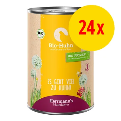 Herrmann's Manufaktur Bio-Huhn mit Karotte und Reis, pack de 24x. Texte visible : BIO-PIONIER, Es gibt viel zu Huhn!, label bio. Texte en allemand.