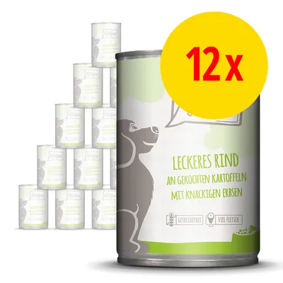 Lot de 12 boîtes de nourriture pour chien, texte visible en allemand : Leckeres Rind an gekochten Kartoffeln mit knackigen Erbsen, sans céréales, beaucoup de viande. Lot de 12 boîtes de nourriture pour chien, texte visible en allemand : Leckeres Rind an gekochten Kartoffeln mit knackigen Erbsen, sans céréales, beaucoup de viande.