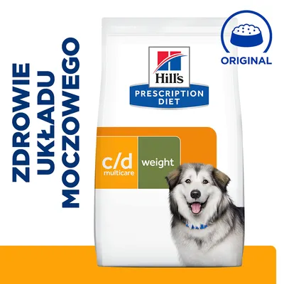 Hill's Prescription Diet c/d multicare weight dla psa. Zdrowie układu moczowego. Oznaczenie: ORIGINAL. Opakowanie z wizerunkiem psa.