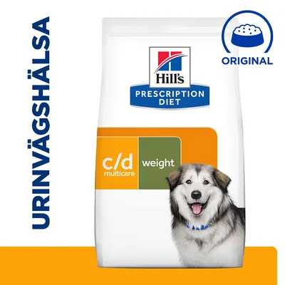 Hill's Prescription Diet c/d multicare weight hundfoder, text: URINVÄGSHÄLSA och ORIGINAL, bild på en hund på förpackningen. Hill's Prescription Diet c/d multicare weight hundfoder, text: URINVÄGSHÄLSA och ORIGINAL, bild på en hund på förpackningen.