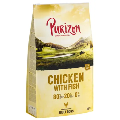 Purizon Kurczak z rybą, 80% składników pochodzenia zwierzęcego, 20% owoców i warzyw, 0% zboż, dla dorosłych psów, worek, 12 kg.