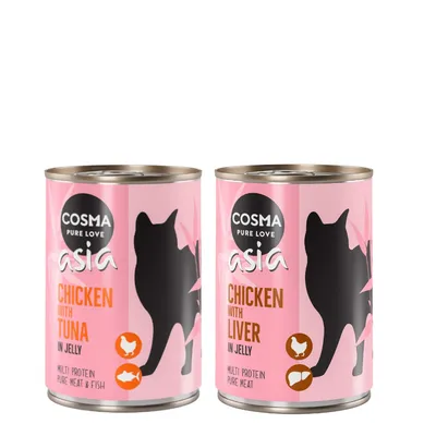 Pakiet Cosma Asia, w galarecie, 12 x 400 g - Pakiet mieszany: kurczak z tuńczykiem i kurczak z wątrobami kurzymi