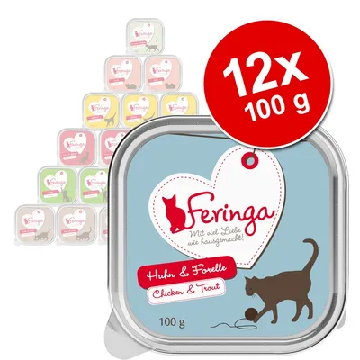 Feringa Huhn & Forelle, Chicken & Trout, 12×100 g. Na obalu silueta kočky a nápis Mit viel Liebe wie hausgemacht! Viditelné různé příchutě v pozadí.