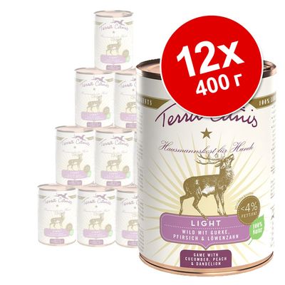 Набор из 12 банок по 400 г Terra Canis Light для собак, видимая надпись: Wild mit Gurke, Pfirsich & Löwenzahn. На упаковке изображён олень.