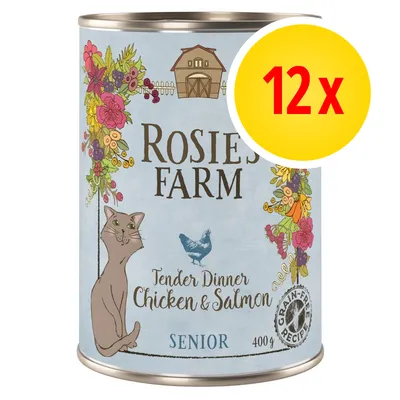 Rosie's Farm Tender Dinner Chicken & Salmon SENIOR, ricetta senza cereali, 400 g. Confezione da 12 x. Immagine di gatto e pollo sulla confezione.