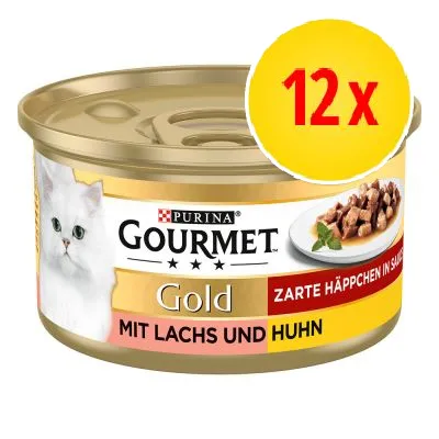 Purina Gourmet Gold kattmat, mit lachs und huhn, 12x. Bild på konservburk med vit katt och bitar i sås.