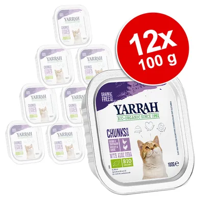 Συσκευασία 12x100g Yarrah Chunks with Aloe Vera BIO για γάτες. Ετικέτα: Grain Free Recipe, Bio-Organic since 1992, Poultry & Dinde, με εικόνα γάτας και πιστοποίηση βιολογικού προϊόντος.