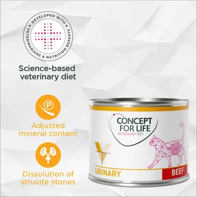 CONCEPT FOR LIFE VETERINARY DIET URINARY BEEF, dieta veterinaria con contenuto minerale regolato e supporto per la dissoluzione dei calcoli di struvite. Testo in inglese.