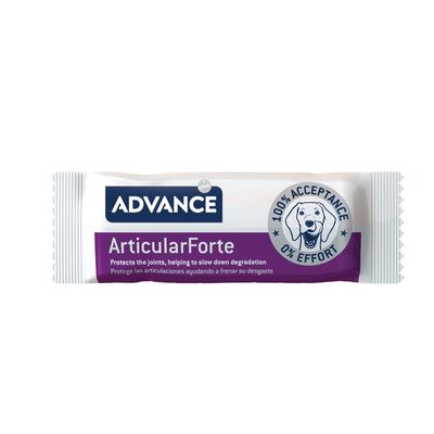 ADVANCE ArticularForte -pakkauksessa teksti: Protects the joints, helping to slow down degradation. 100% Acceptance 0% Effort. Protege las articulaciones ayudando a frenar su desgaste.
