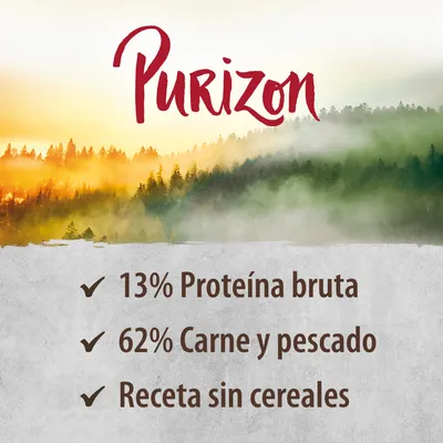 Purizon. 13% proteína bruta, 62% carne y pescado, receta sin cereales.